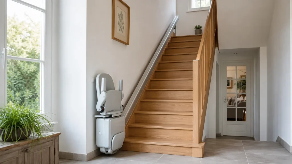 Monte-escalier replié au pied d'un escalier en chêne dans une maison