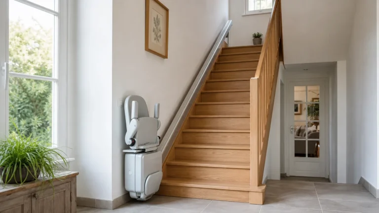 Monte-escalier replié au pied d'un escalier en chêne dans une maison