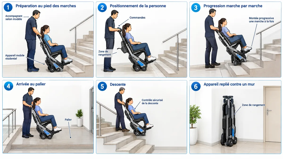 Étapes d'utilisation d'un monte-escalier mobile résidentiel