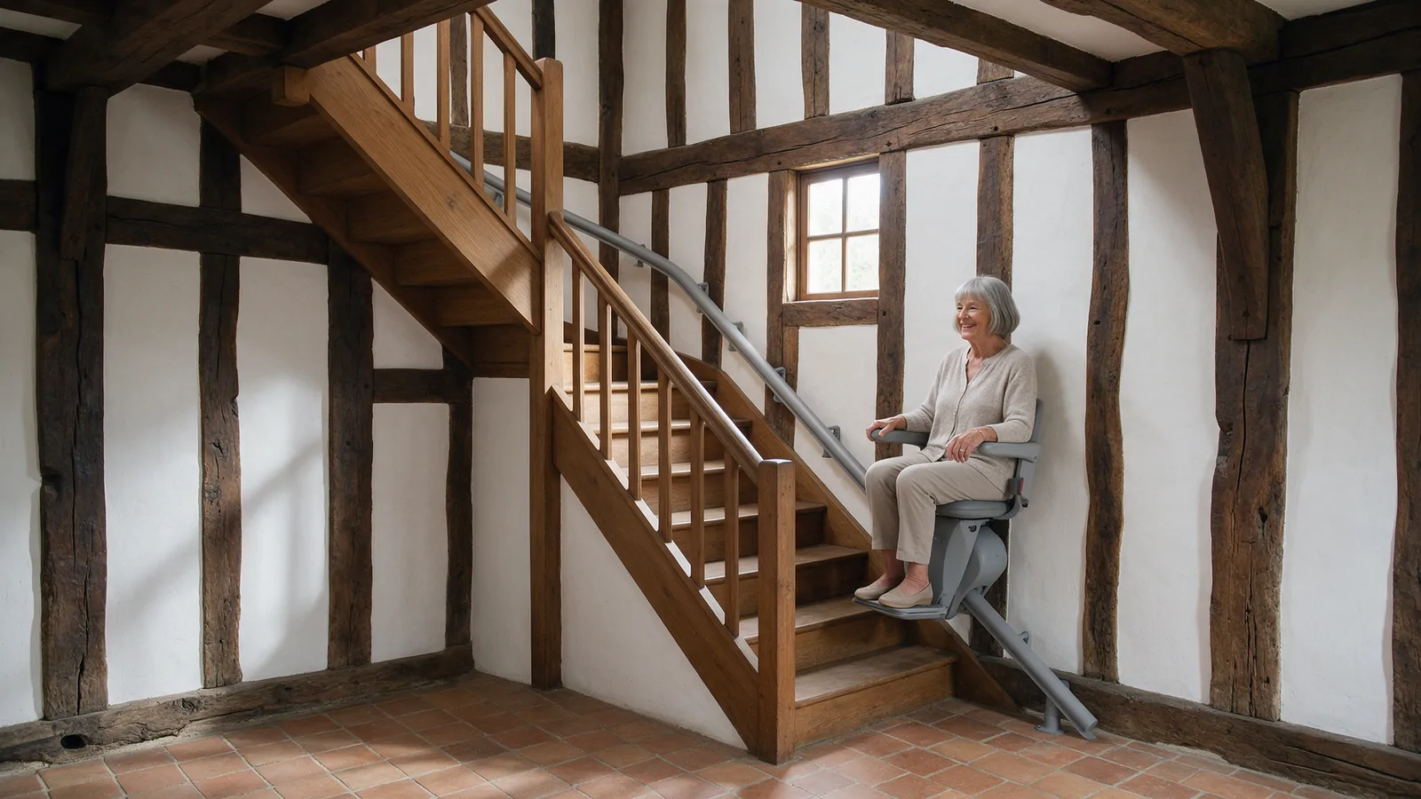 Femme âgée sur un monte-escalier à rail courbe dans l’escalier tournant d’une maison normande