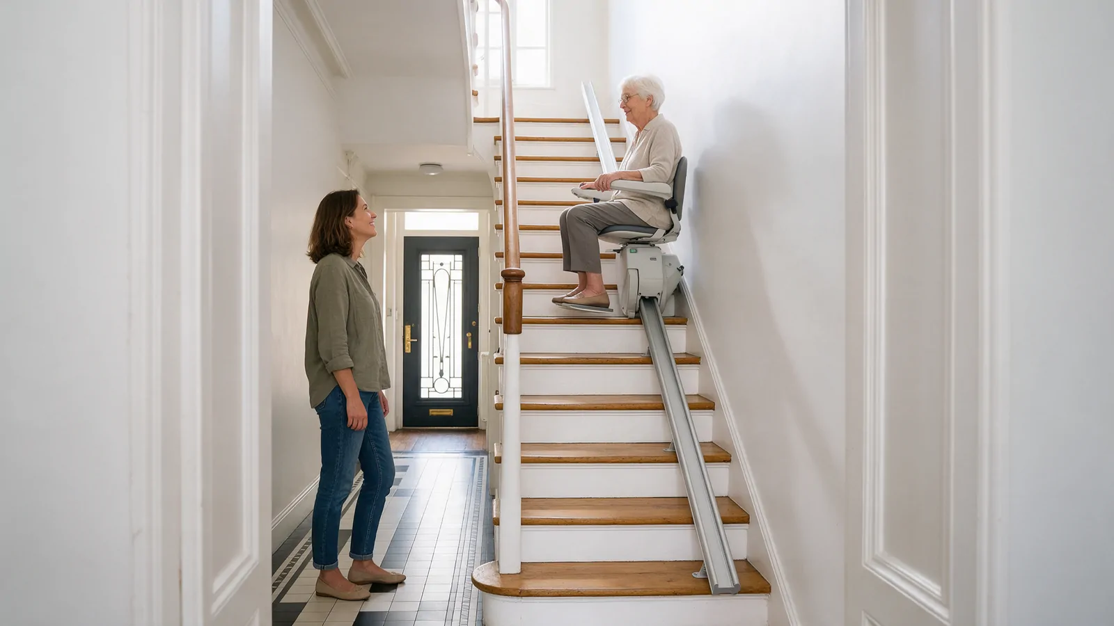 Femme âgée montant l’escalier étroit d’une maison de ville sur un monte-escalier, sa fille au pied des marches