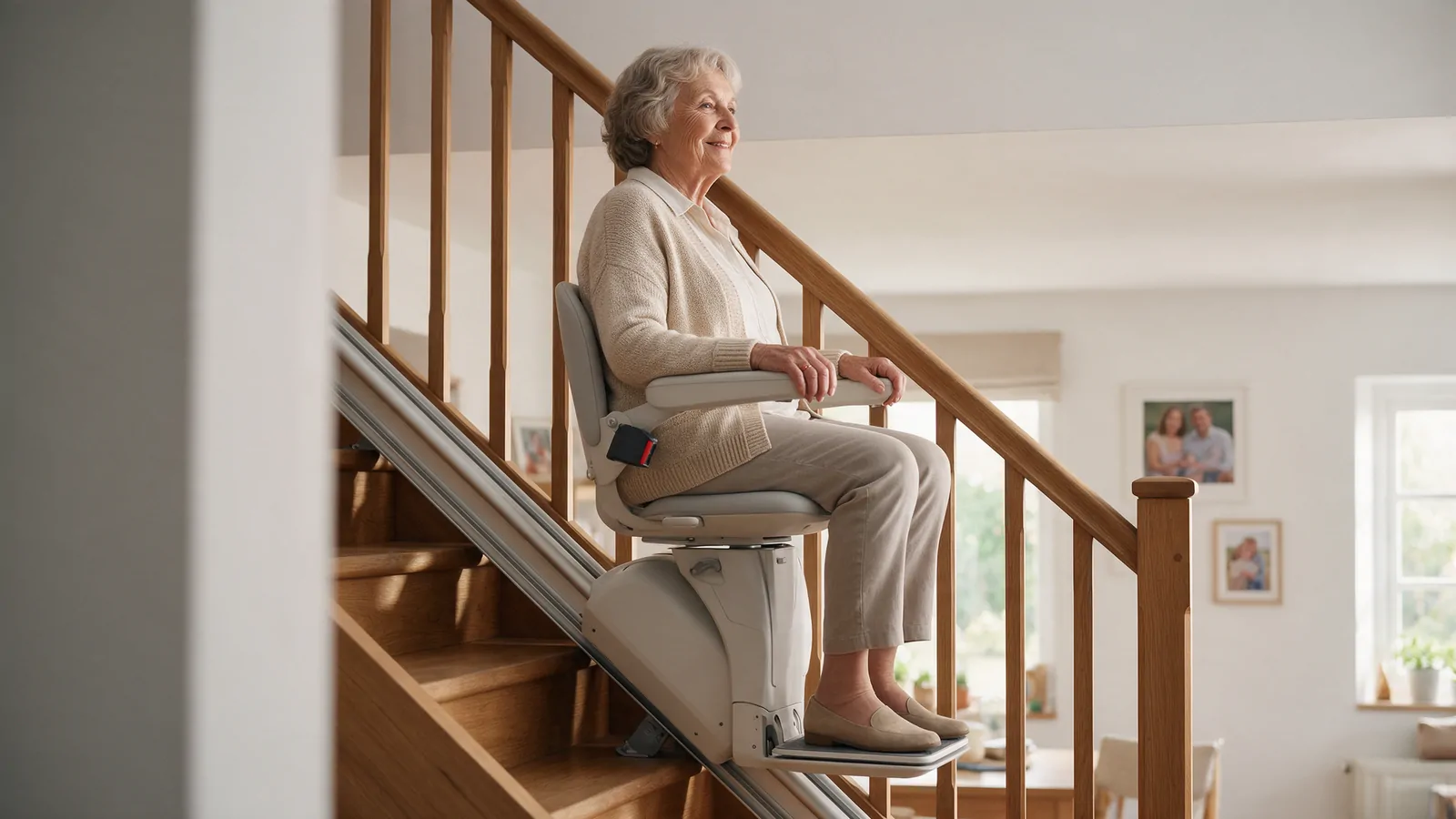 Femme âgée assise sur un monte-escalier électrique dans l’escalier de sa maison
