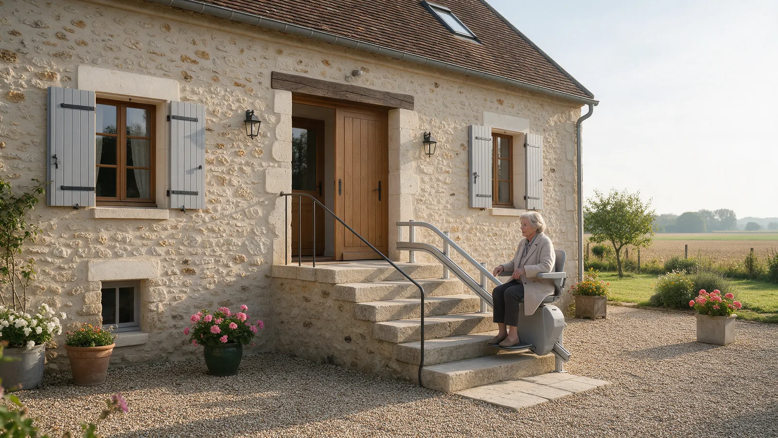 Femme âgée sur un monte-escalier extérieur au pied du perron d’une maison de campagne