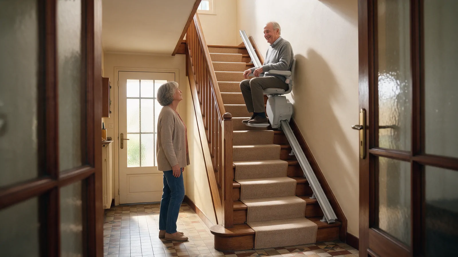 Retraité montant l’escalier de son pavillon sur un monte-escalier, sous le regard de son épouse