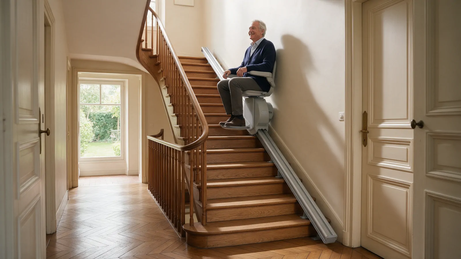 Homme âgé assis sur un monte-escalier dans l’escalier droit d’une maison en meulière